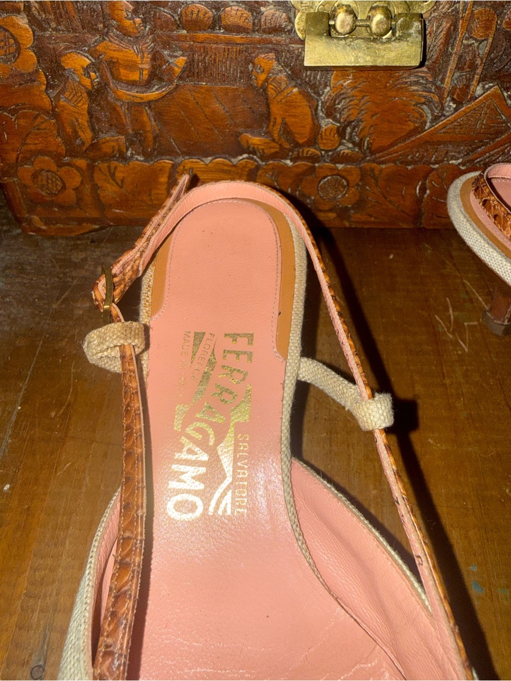Salvatore Ferragamo Cream and Brown Pointed Slingback Mules - Picture 3 of 4